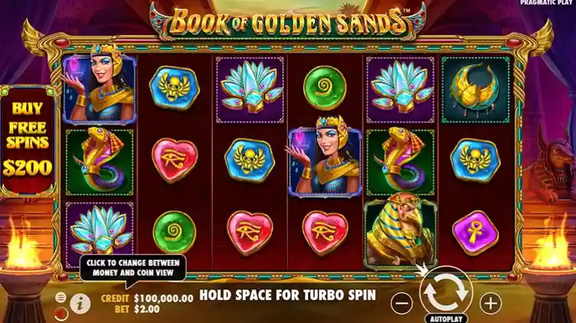Бонусный раунд запускается в игровом автомате Book of Golden Sands с раскрывающимися барабанами.
